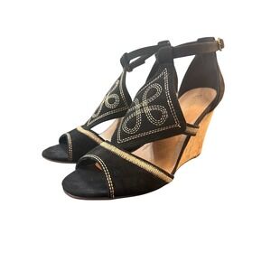 Restricted Black Wedge Gold Embroidery Ankle Strap Open Toe Women's Size 10